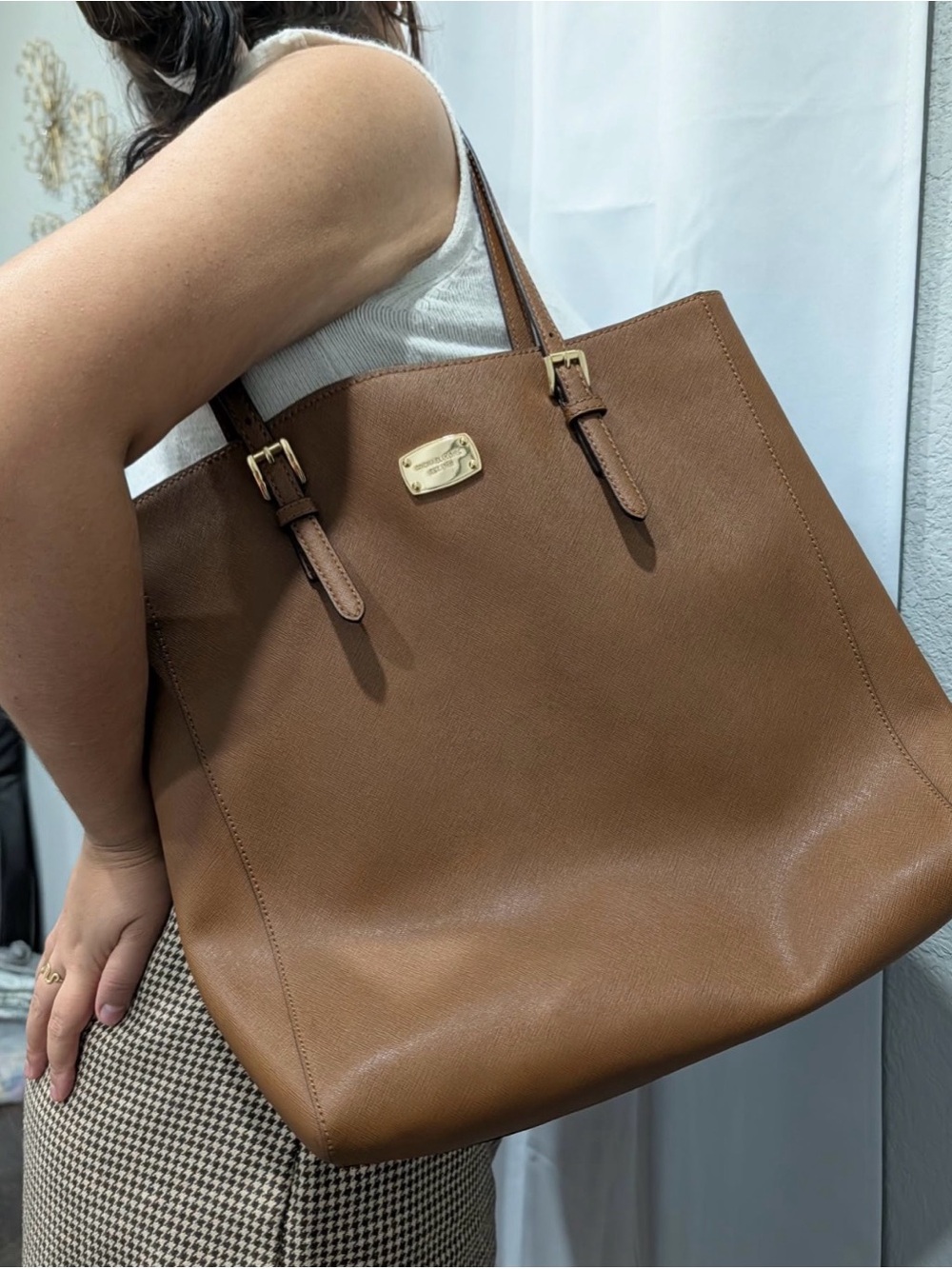 Michael Kors Tan Leather Saffiano Tote with Gold Hardware